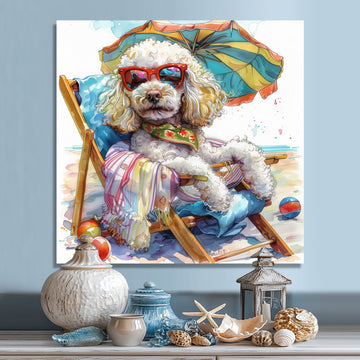 Poodle Dog Beach Relaxing Paradise - Coastal Animal Framed Canvas Art